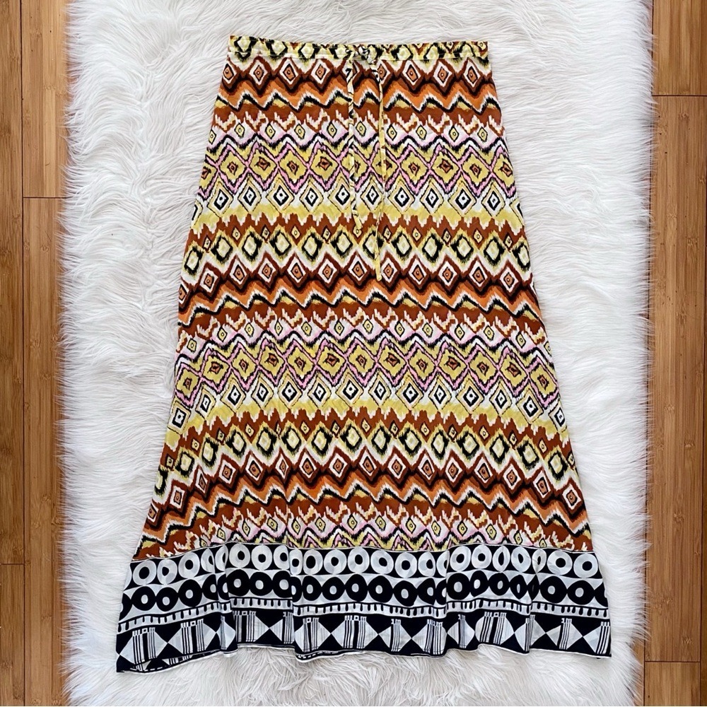 Tolani Silk Yellow Tan Ikat Print Maxi Skirt Drawstring Waist Boho Bohemian S